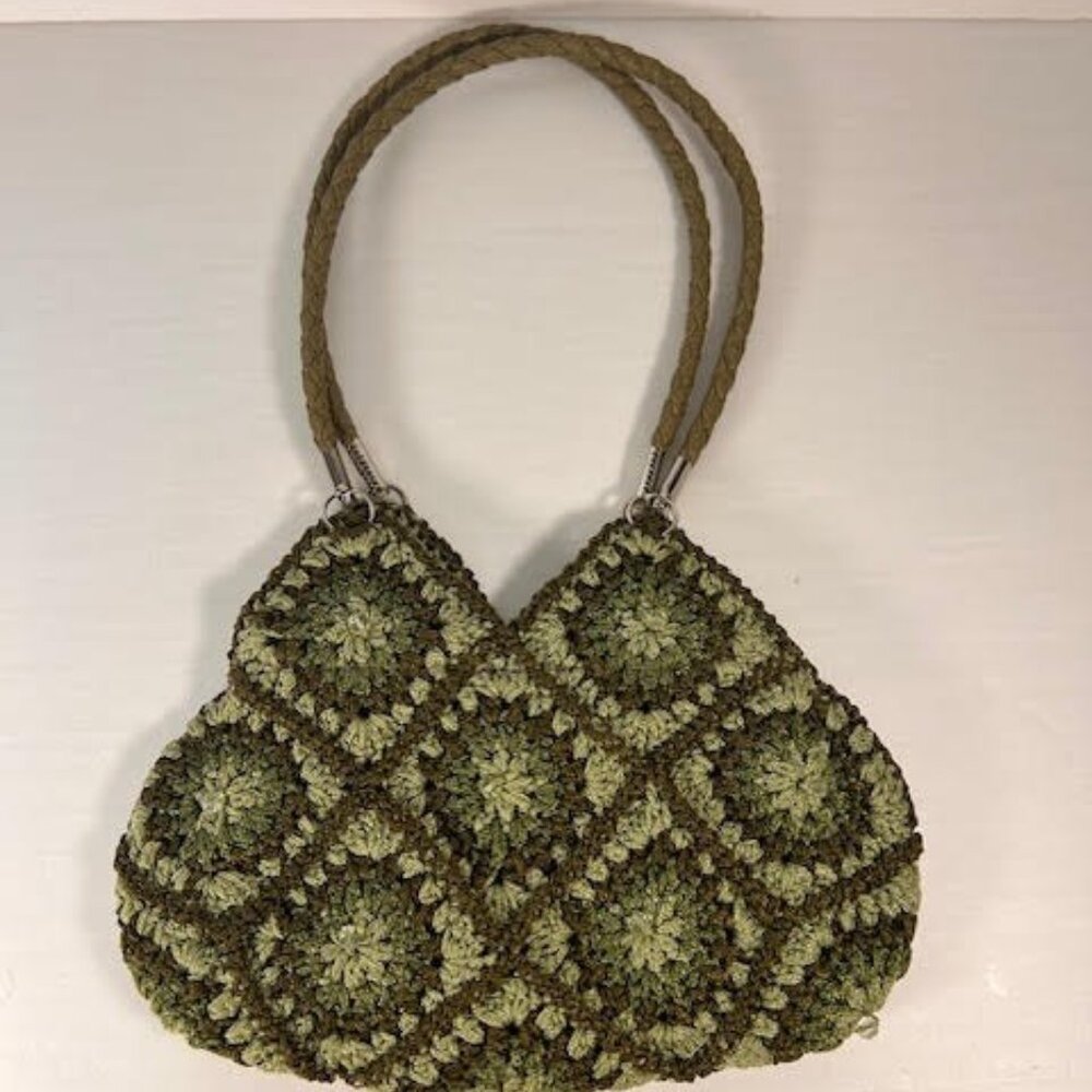 Vintage Boho style small crochet granny squares green lined tote purse